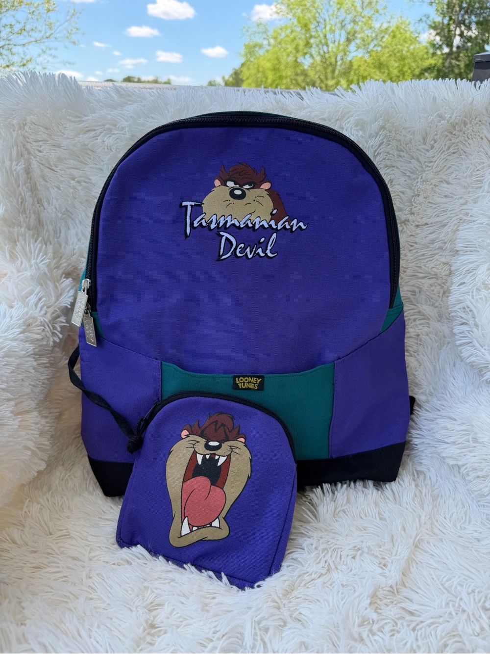 Vintage ‘90s Tasmanian Devil Backpack Zip Pouch Purple Green Looney Tunes